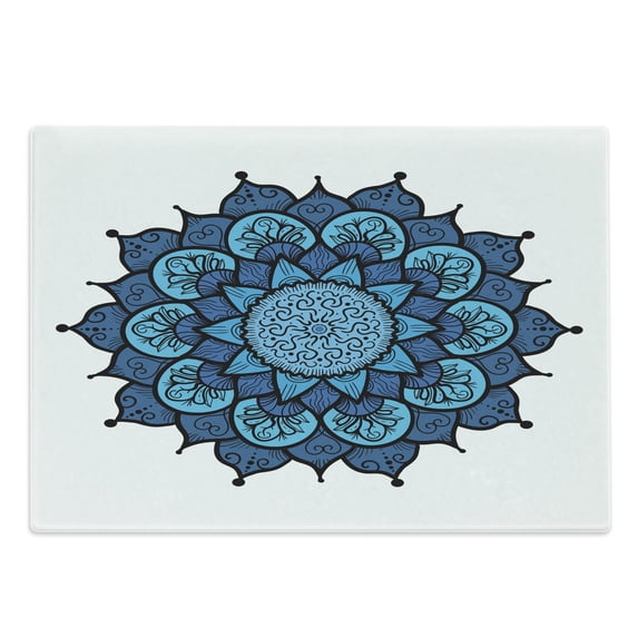 Lotus Cutting Board, Style Traditional Magic Vintage Leaves Symbolic Hippie Graphic, Decorative Tempered Glass Cutting and Serving Board, Large Size, Sky and Violet Blue, by Ambesonne