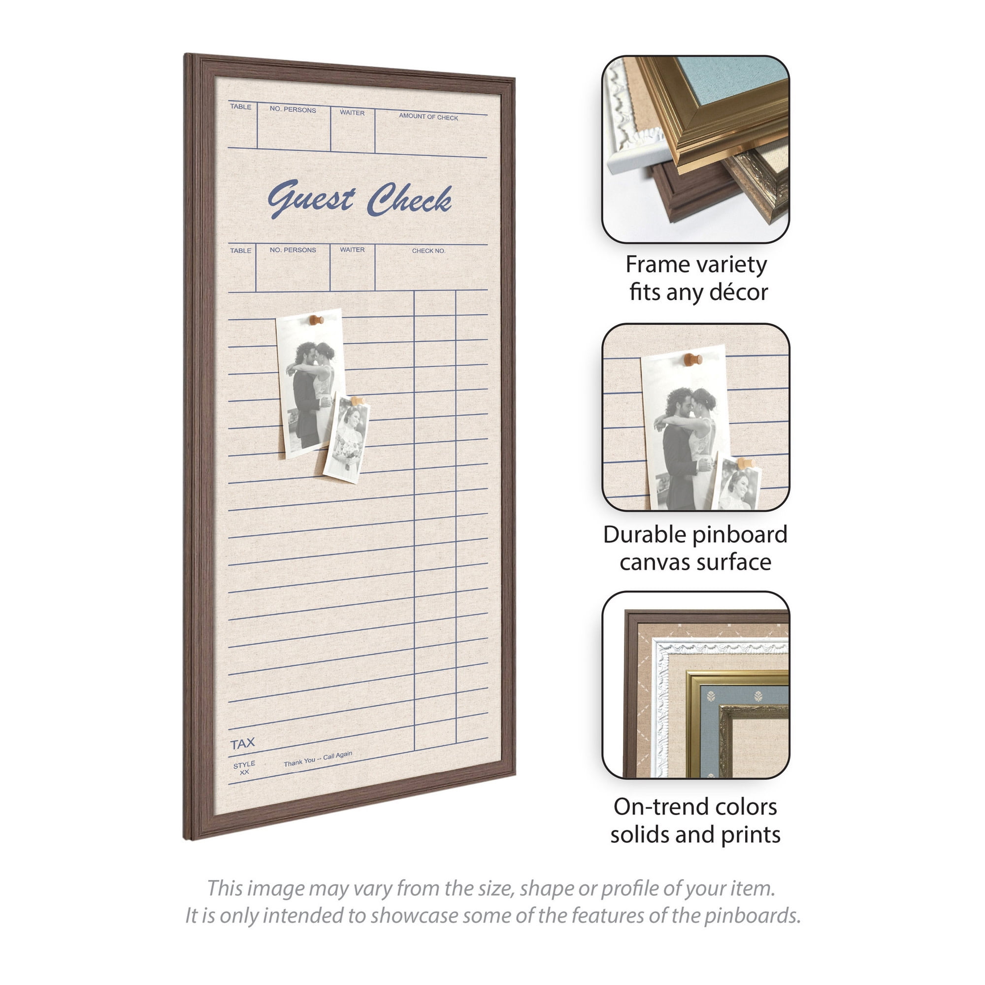 Kate and Laurel Framed Fabric Pinboard 18 x 42, Linen Guest Check Printed Linen Classic Bulletin Board for Use as a Vision Board or Wall Organization, Florence Medium Brown Frame