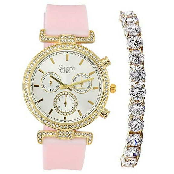 Stand Out Get Noticed! Big Face Ladies Bejeweled Rubber Iced Out Colorful Watch with Genuine Rhinestone Diamond Accents - Touch of Female Celebrity Glamour - ST10385T Pink Tennis