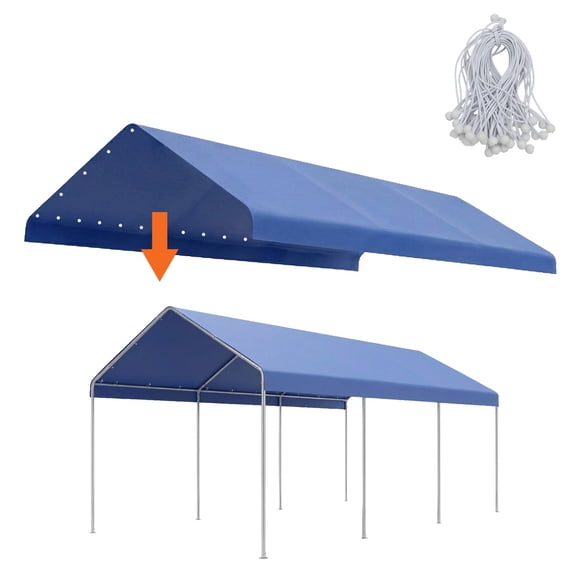Aoodor 10 x 20 FT Carport Replacement Canopy Cover with Extra-Long Ball Bungees, Garage Top Tent Shelter Tarp for All Weather, Only Cover, Blue