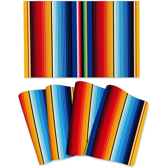 Mexican Placemats Set of 4 Linen 12"x18" Washable Non-Slip Heat-Resistant Rainbow Colorful Stripe Kitchen Table Mats for Dining Outdoor Holiday Party Home Decor