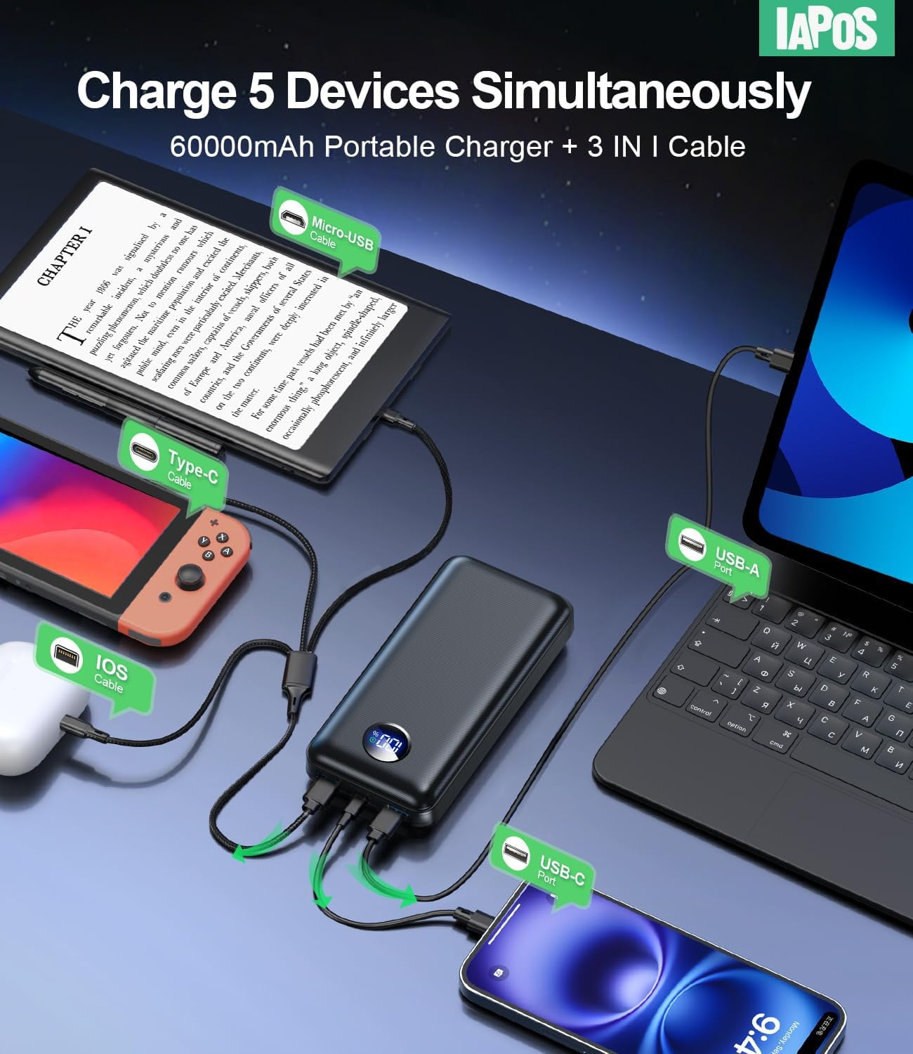 Portable Charger Power Bank - 60,000mAh Battery Pack, 22.5W Fast Charging Phone Attached USB-C/iOS/Micro-USB Cable, Powerbank for iPhone 17 16 15 14 13 , Travel Camping Essentials