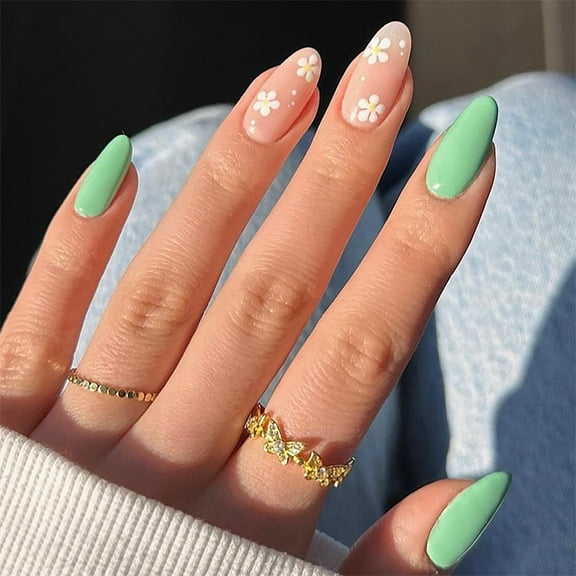 Almond Press on Nails Medium Length Spring Fake Nails Green Full Cover False Nails Flower Designs Acrylic Press on Nail Glossy Stick on Nails for Women Girls 24 Pcs Style 21 0.04 Fl Oz (Pack of