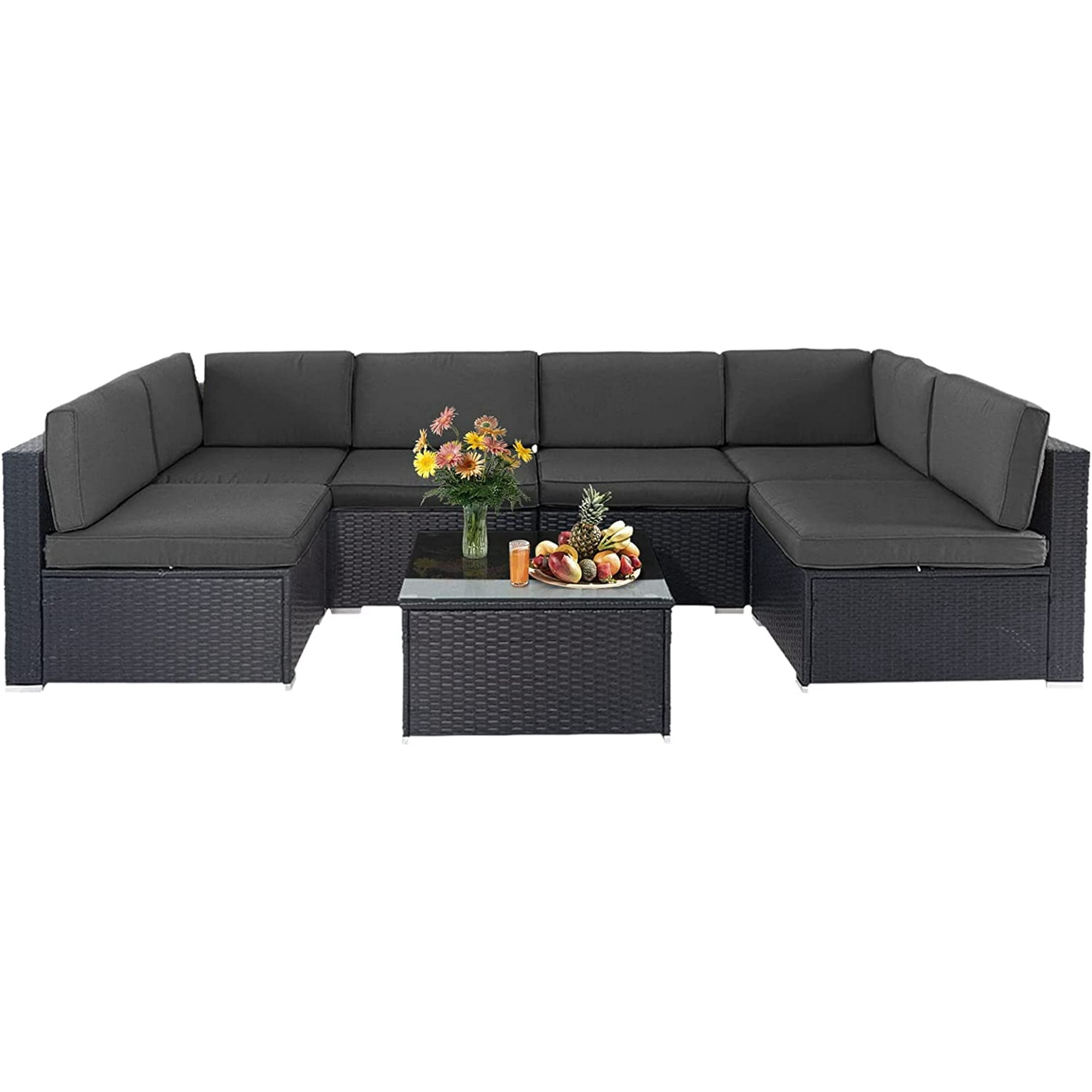 SOLAURA 7-Piece Patio Furniture Outdoor Black Wicker Rattan Sectional Sofa Set Conversation Set with Gray Cushions