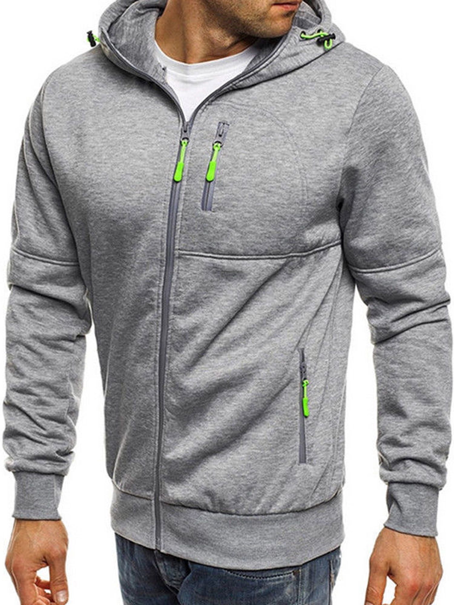 Eoeth Winter Mens Casual Simple Outdoor Sports Sweatshirt Pocket Long Sleeve Zipper Tops Blouse Drawstring Hooded Shirts 