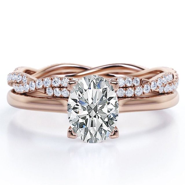JeenMata Juego de 4 Puntas - Forma Ovalada de 1,75 Quilates - Juego de Boda con Caña Retorcida Pavé - Baño de Oro Rosa de 18 K sobre Plata (Personaliza la Banda de Tu Anillo de Bodas)