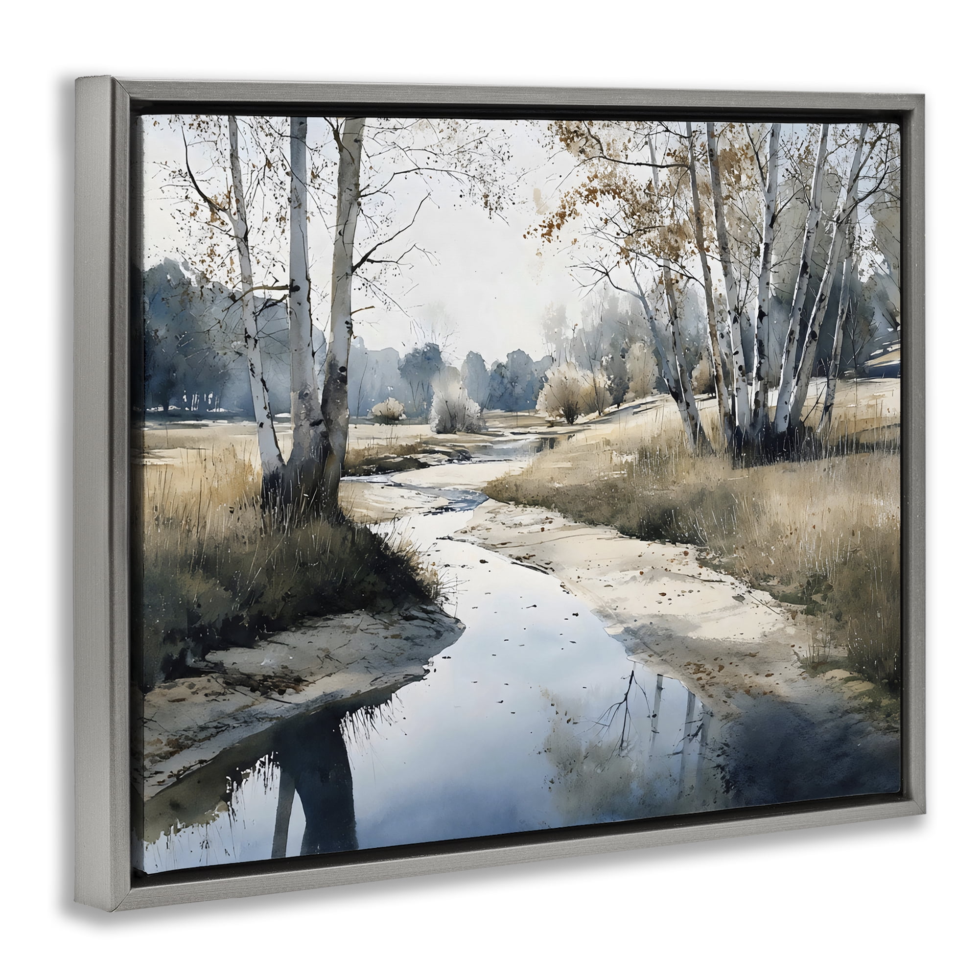 Stupell Industries Birch Tree Creek in Autumn Gray Framed Floater Canvas Wall Art, design by Franklyn Gregory