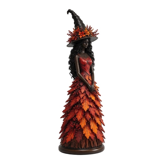 Enchanted Autumn Witch Figurine, Fall Witch Decor Halloween Tabletop Statue with Leaf Gown, Seasonal Resin Witch Decoration for Mantel Shelf Home Saffron 12.2in