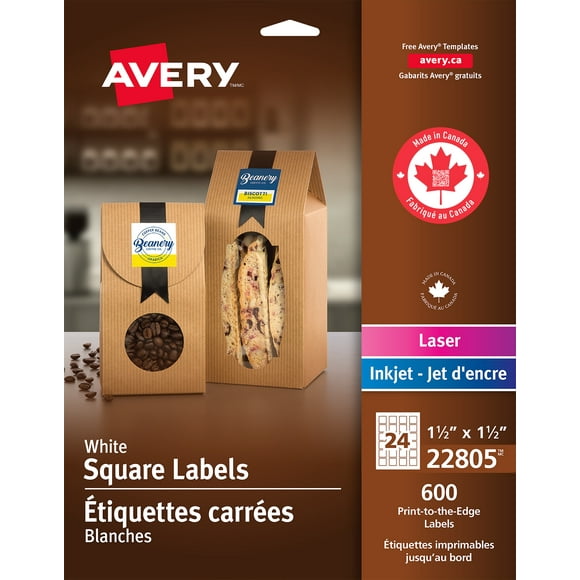Avery Matte White Square Labels, 1½" x 1½", for Laser and Inkjet Printers - 22805