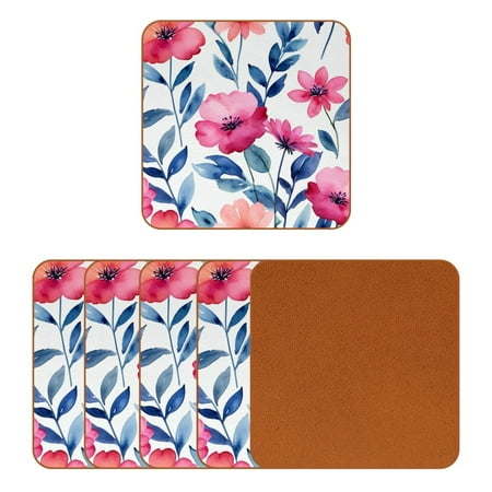 

YZUOUZY Home Decor Coffee Table Decor 6 Pcs Square Microfiber Leather Custom Coasters Peach Pink Flowers