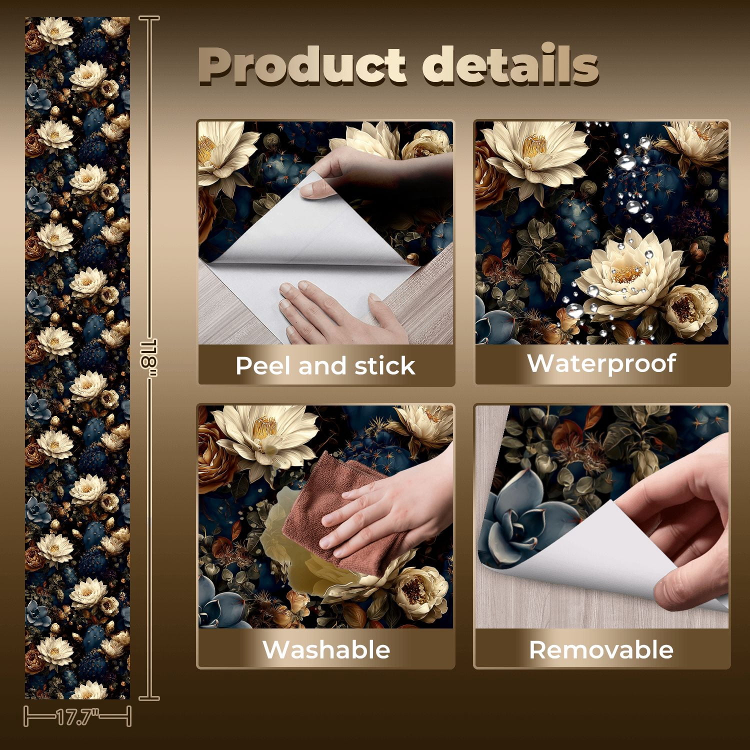 Peel and Stick Wallpaper Vintage Floral Design White Lotus Roses Cactus Dark Wall Mural 17.7in x 9.8ft Self Adhesive Removable Wall Paper Renter Friendly Wallpaper for Nursery Bedroom Cabinets