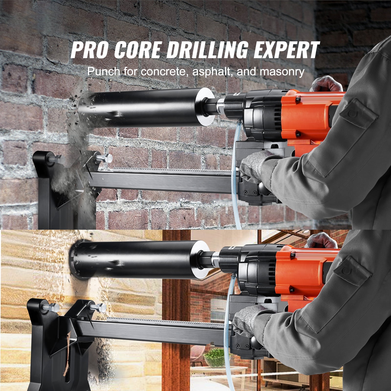 KFFKFF Diamond Core Drill Bit Set, 10in Damp Cement Core Drilling Apparatus with Stand Wheels, 750RPM Velocity & 1-1/4" Thread & Elevating Grip, 10in Boring Width for Cement Brick Block Stone, 2500W
