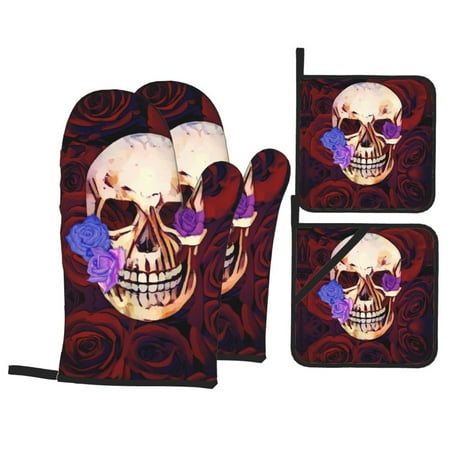 

PUREYAH Oven Mitts And Pot Holders Sets Kitchen Aged Rose Skull Vintage Print Oven Gloves Hot Pads Heat Resistant 4 Pieces