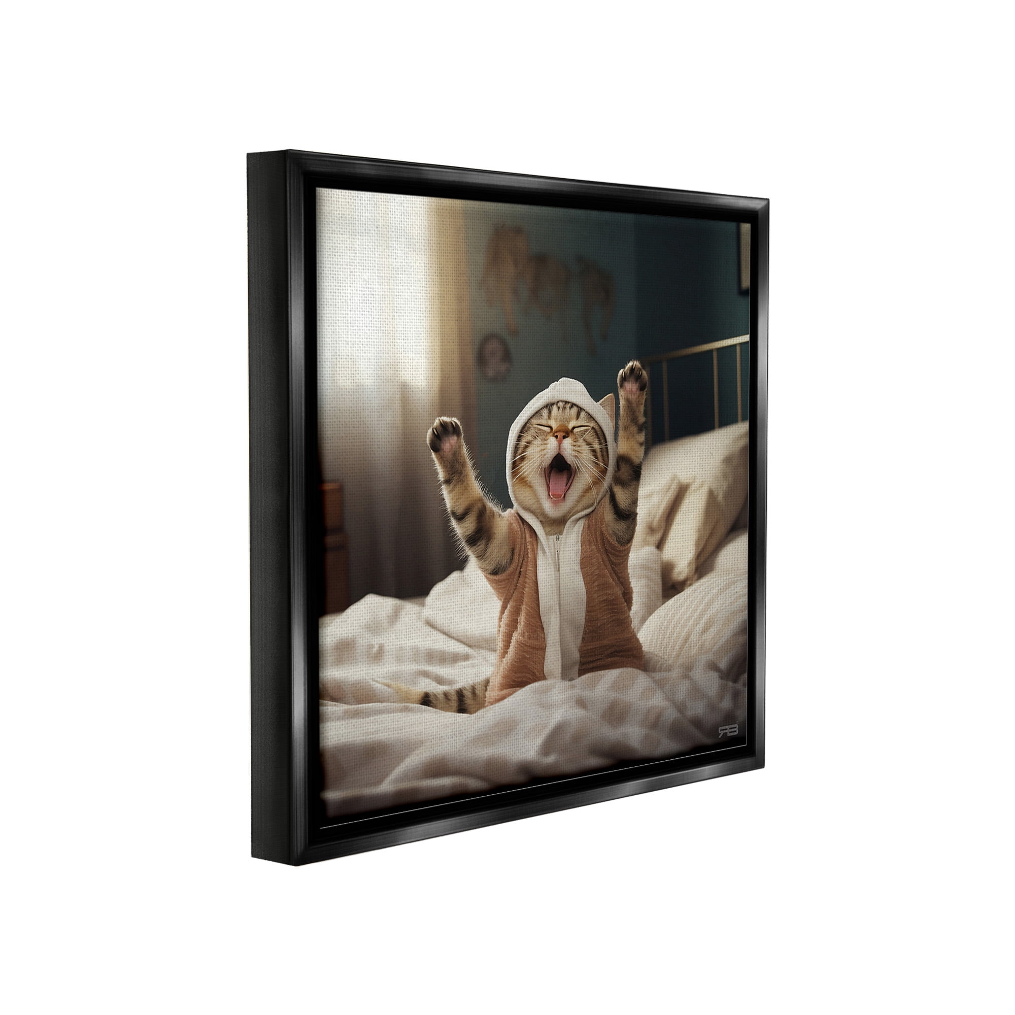 Stupell Industries Yawning Cat in Bed Animals & Insects Painting Black Floater Framed Canvas Art Print Wall Art, 25 x 25