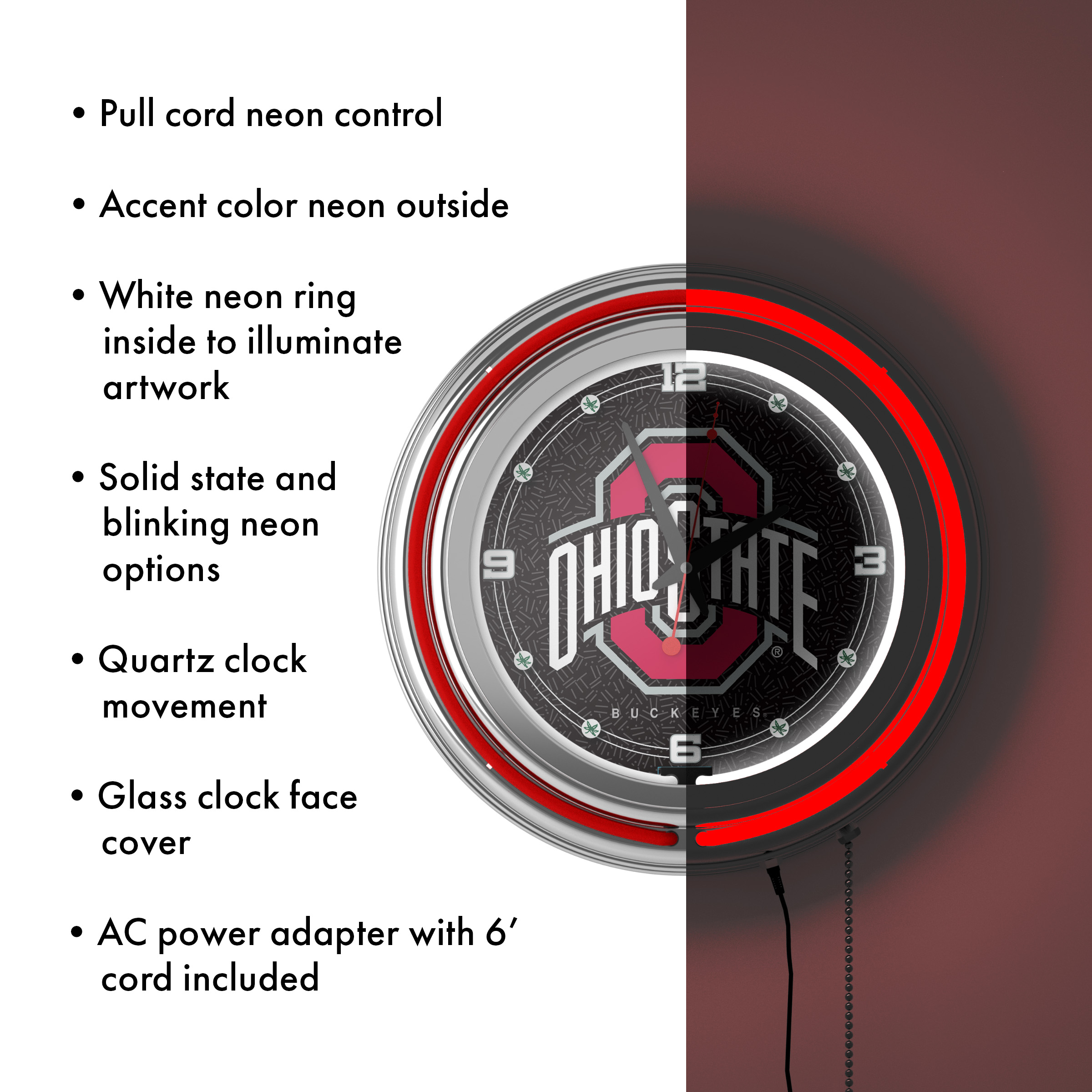 Ohio State University Logo Black Retro Neon Analog Wall Clock with Pull Chain