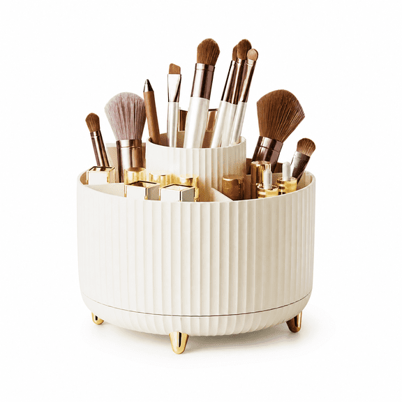 Ouxumoll Rotating Makeup Brush Holder, 360 Degree Spinning Make Up Organizer with Compartments, White Cosmetic Storage Box for Vanity Desk, 15cm Diameter, Elegant Vertical Ribbed Design
