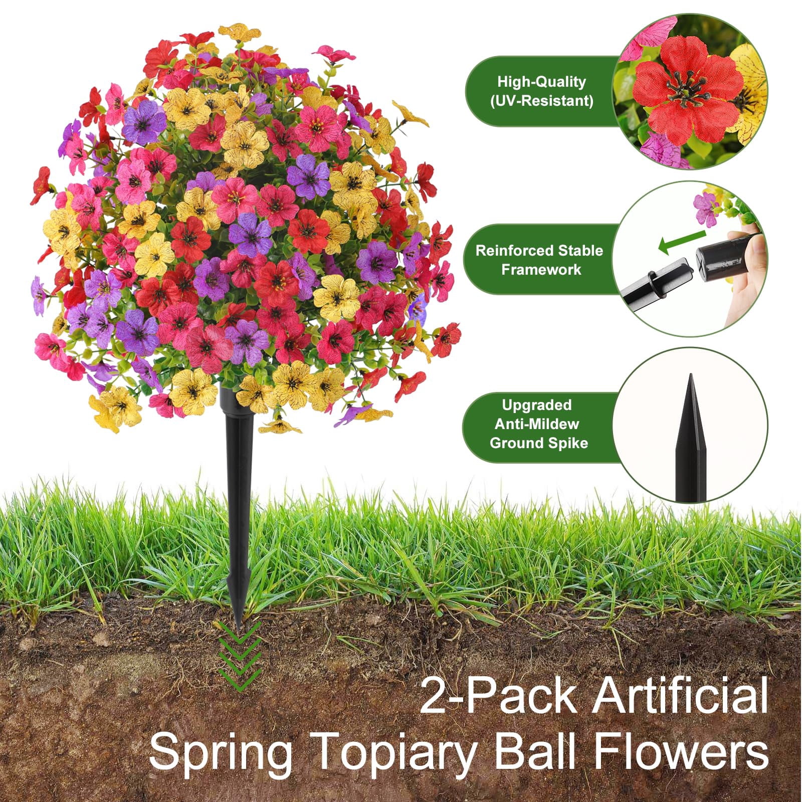 Alupssuc 2 Pcs 20" Artificial Topiary Ball Flowers For Outdoors Planters, Spring Decoration with Spike, UV Resistant Faux Summer Plants
