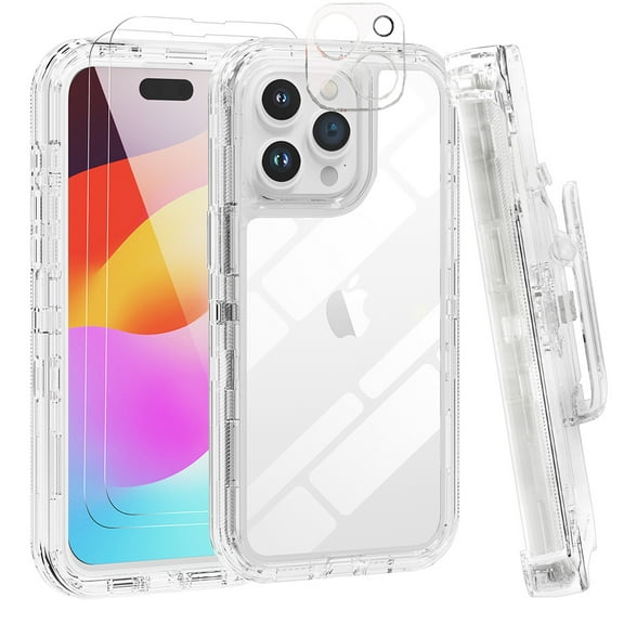 Xhy for iPhone 15 Case with Screen and Lens Protector and Belt Clip Holster 3 in 1 Reinforced Bumper Shockproof Non-Yellowing Crystal Clear Case iPhone 15 6.1 inch 2023 Phone