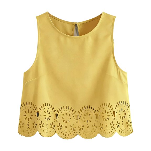 Women's Sleeveless Scallop Trim Tank Tops Hollow Out Crop Top Summer Vest Yellow L