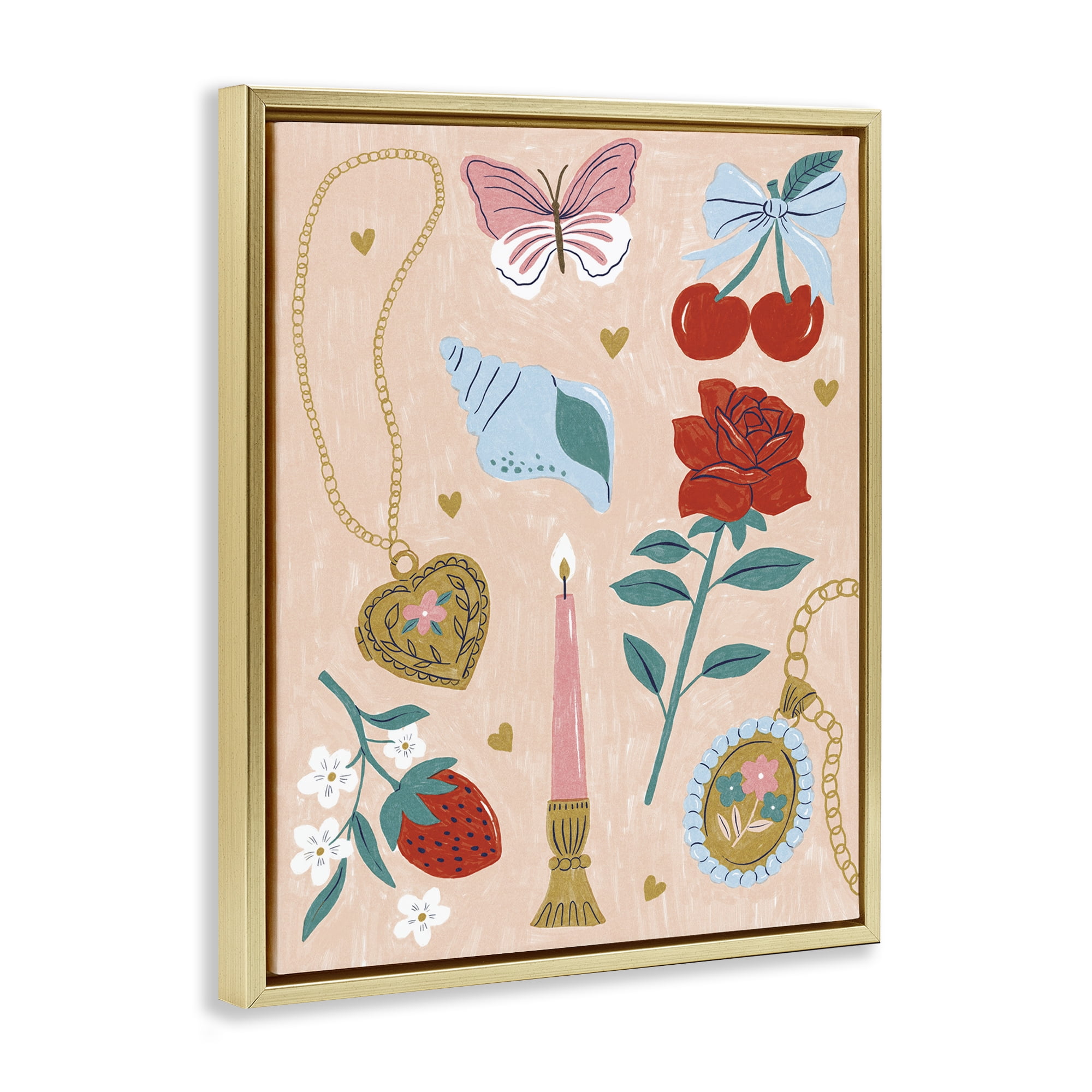 Stupell Industries Fun Feminine Embellishments Plants & Flowers Painting Gold Floater Framed Canvas Art Print Wall Art, 17 x 21