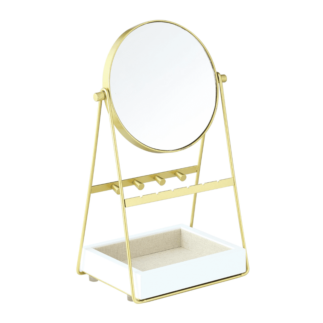 Hives and Honey Lina Adult Gold Round Mirror with Jewelry Storage - White