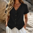 thumbnail image 2 of hoksml Women's Cotton Linen V Neck Short Sleeve Blouse, Button-Down Casual Shirt, Slim Fit Top for Daily and Summer Wear, 2 of 5