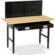 60 Workbench with Drawers, Adjustable Height Work Bench 2000 LBS Heavy-Duty Work Table Rubber Wood Work Station with Power Outlet & Pegboard for Garage, Office, Workshop, Home