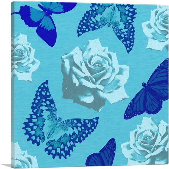 ARTCANVAS Navy Blue Butterfly Wings Insect White Roses Canvas Art Print - Size: 12" x 12" (1.50" Deep)