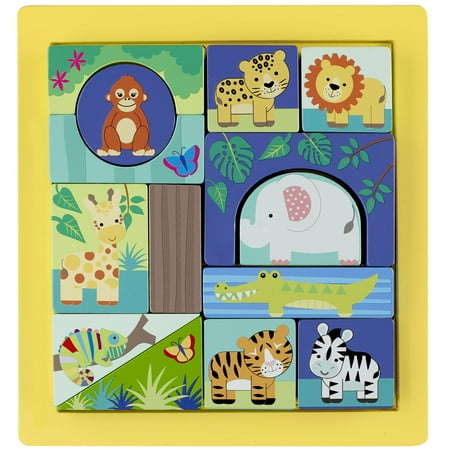 Orange Tree Toys: Jungle Animals: Block Puzzle – Hand Painted Colorful Wooden Puzzle Educational Toy FSC Certified Kids & Toddlers Ages 1+