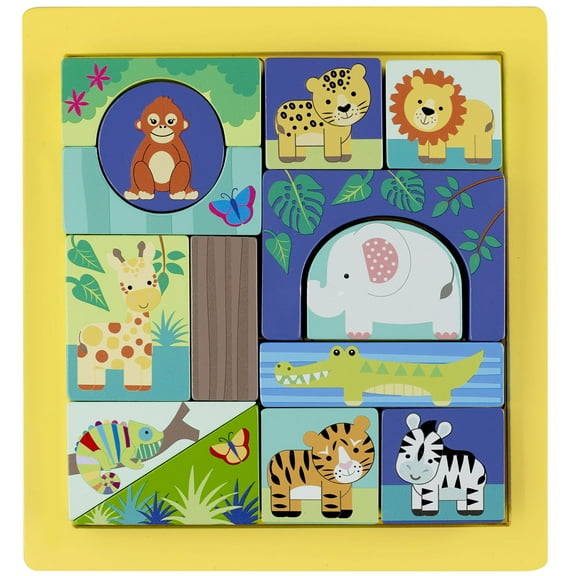 Orange Tree Toys: Jungle Animals: Block Puzzle - Hand Painted Colorful Wooden Puzzle, Educational Toy, FSC Certified, Kids & Toddlers, Ages 1