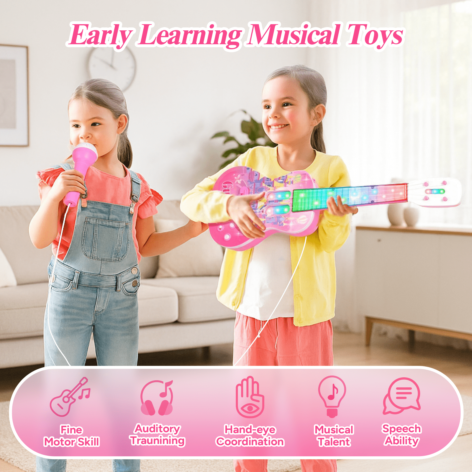 Liegorji Guitar and Microphone Toys Set, Musical Instruments with Adjustable Stand, Birthday Gifts for 1-3 3-5 5-8 Year Old