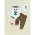 thumbnail image 2 of Nygoyerh Newborn Baby Boys Christmas Outfit Snowman Print Long Sleeve Rompers + Striped Pants + Beanies Hat 3PCS Set Fall Infant Clothing for 3-18M, 2 of 8