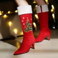 thumbnail image 2 of FRSASU Women's Pointed Toe Stiletto Mid Calf Boots, Christmas Tree & Snowflake Embroidery with Furry Top Cuff Red, 2 of 8