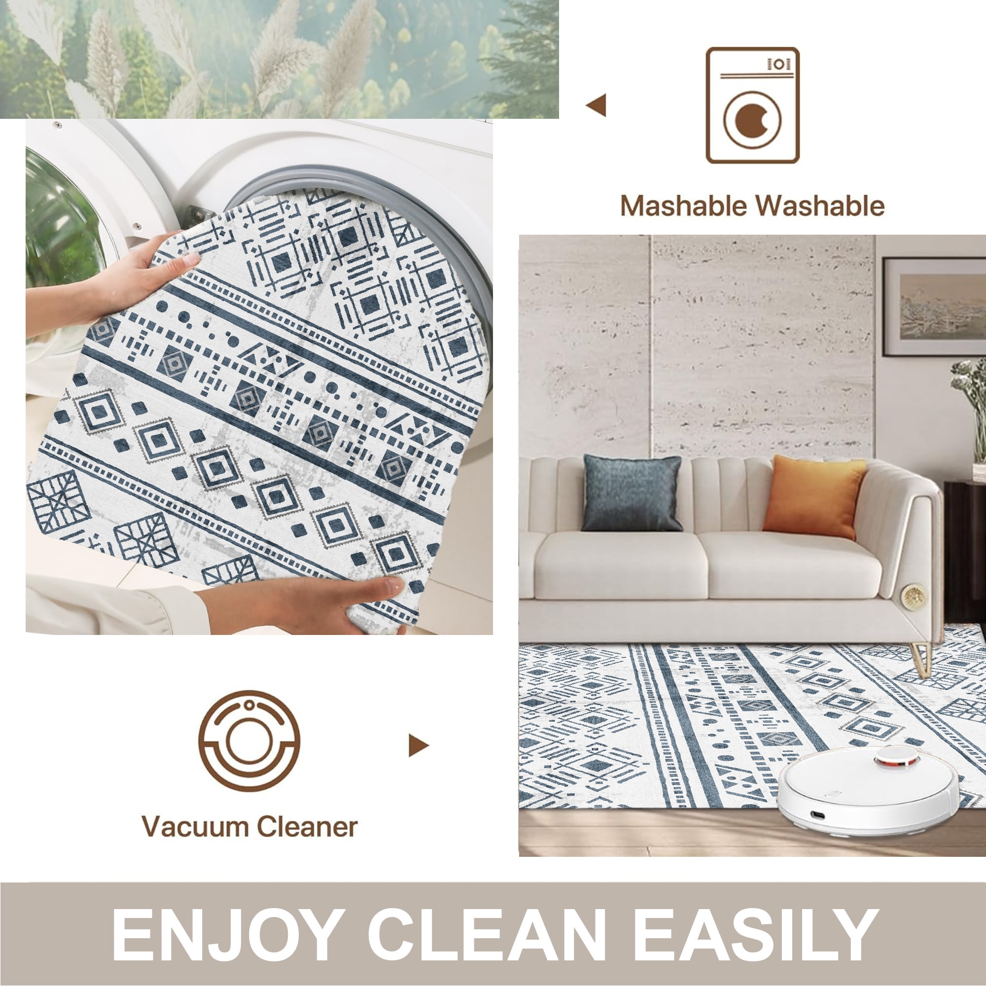 Black Boho 6x9 Area Rugs, Washable Kitchen Entry Rug Non Slip, Ultra Soft Print Distressed Geometric Low-Pile Throw Carpet for Bedroom Nursery Dorm Decor