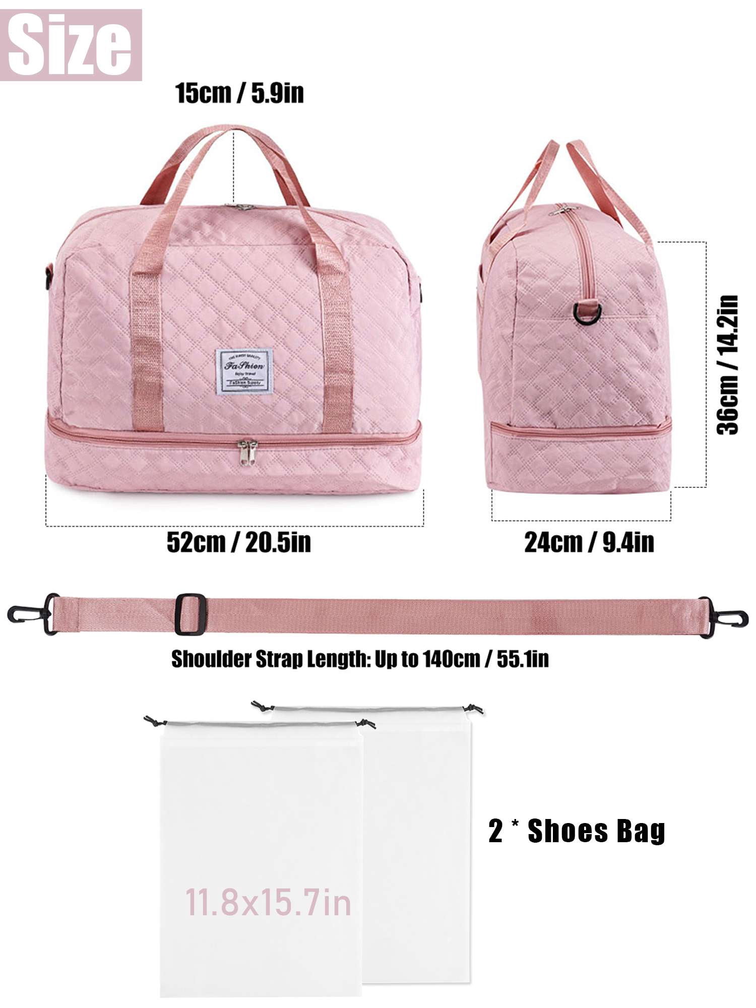 Gustave Quilted Travel Duffle Bag for Women Large Capacity Overnight Weekender Gym Hospital Bag Water Resistant Carry On Totes with Shoe Compartment & Wet Pocket, Pink