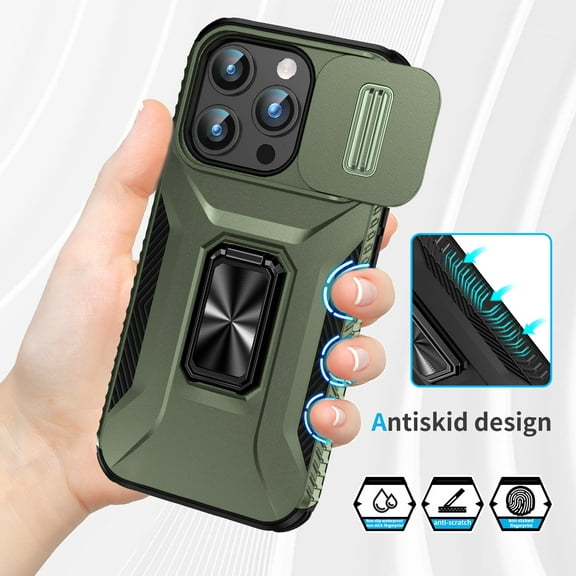 TECH CIRCLE Cool Case for iPhone 12 Pro Max (6.7") 2020 - Protective Shockproof Case with [Kickstand /Phone Ring Holder] [Sliding Cover for Camera Protection] Sturdy Hard Plastic Shell Cover, Green