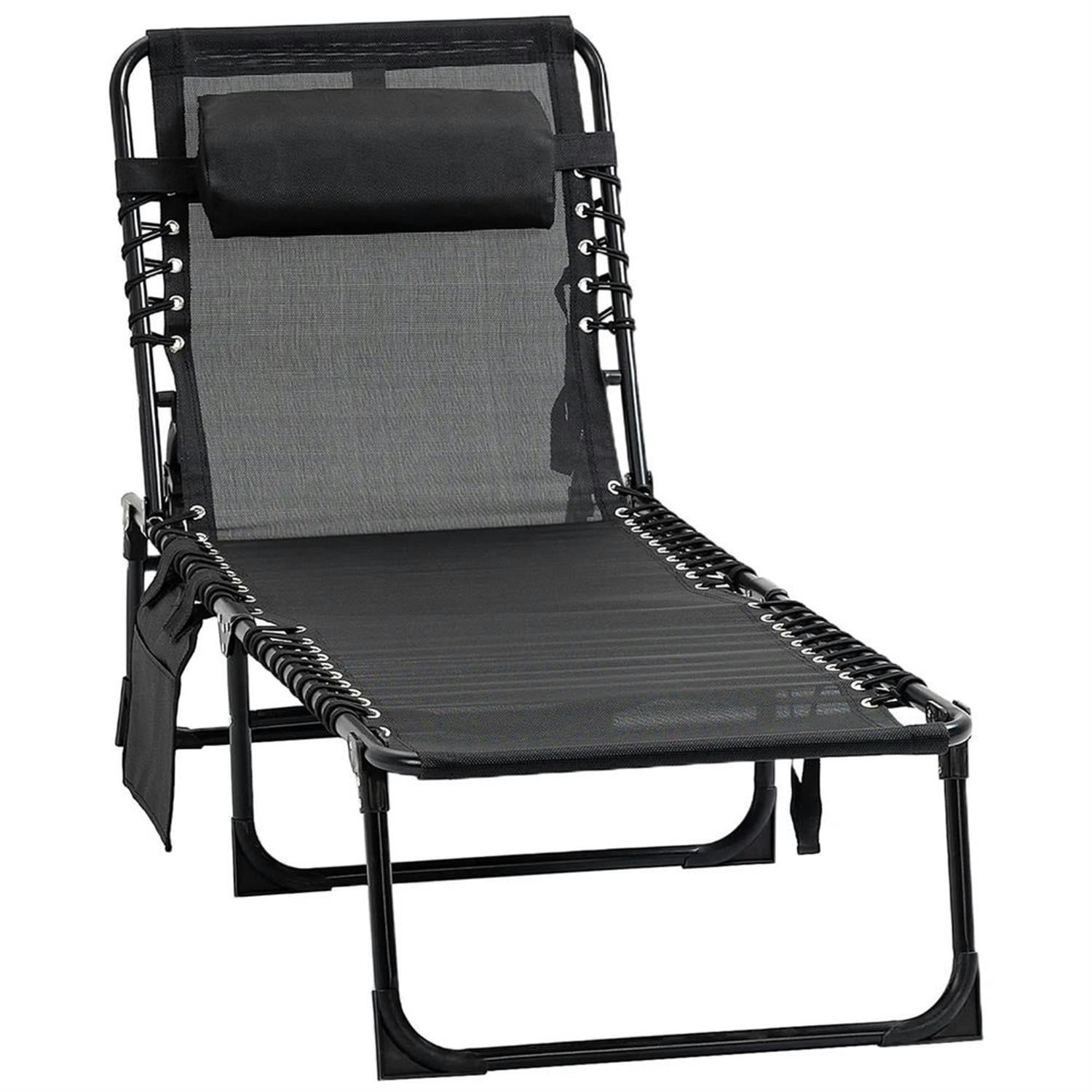 Demi Bonn Outdoor Folding Reclining Chaise Lounge with Adjustable Backrest, Pillow, Portable Sun Lounger Cot for Patio, Garden, Beach, Black