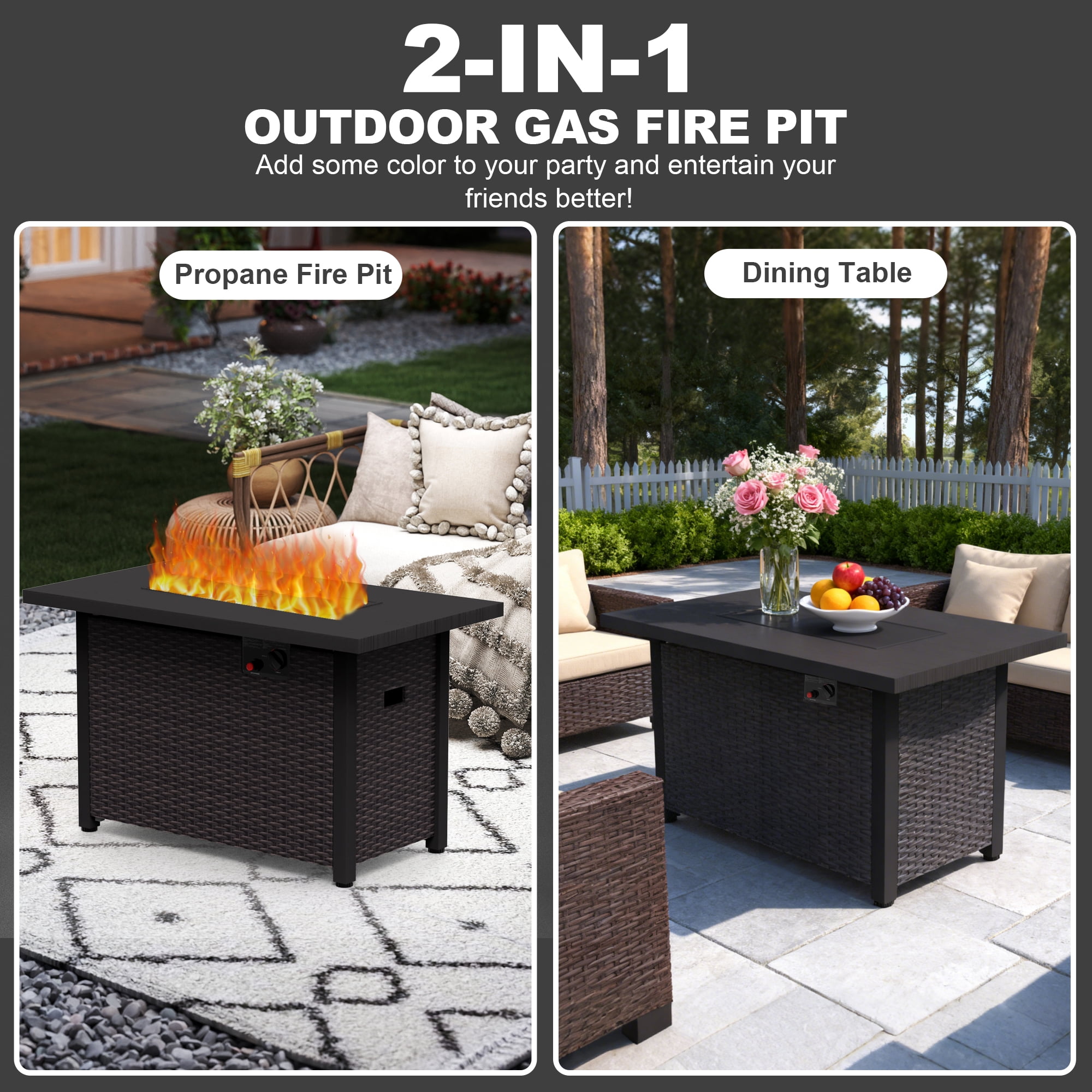 GOJOOASIS 42” Fire Pit Table, Propane Fire Pit with Metal Tabletop Auto-Ignition Outdoor Rattan Fire Pit with Glass Wind Guard & Waterproof Cover