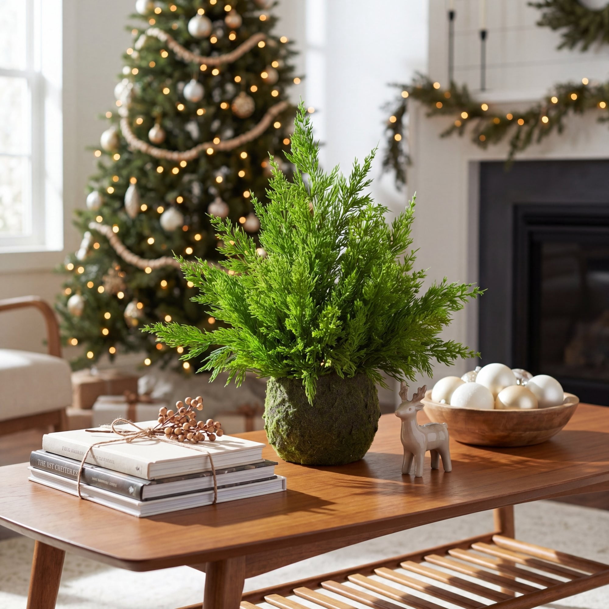 18in. Artificial Real Touch Winter Cypress Bush in Moss Planter