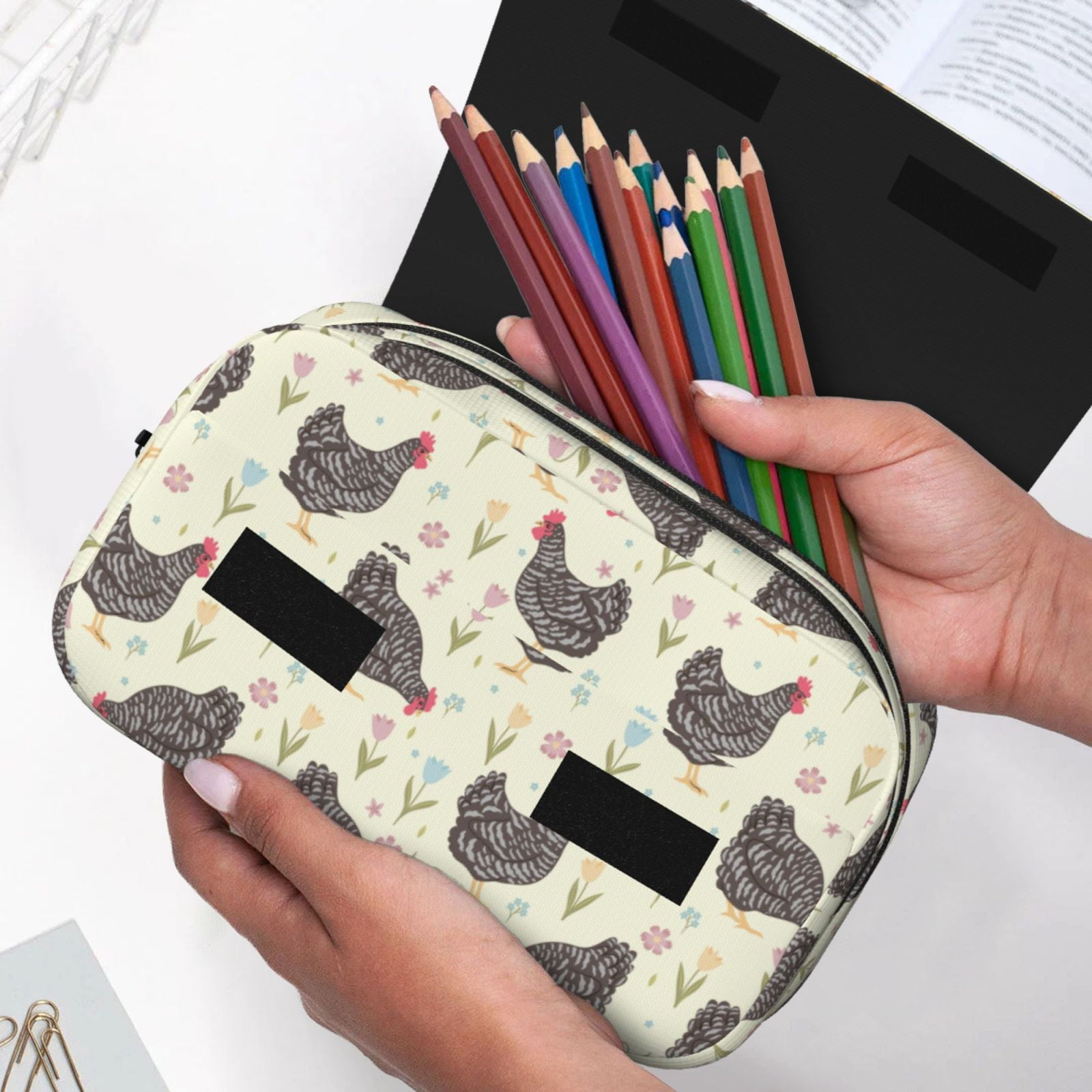 Rateoe Funny Chicken Pattern Double Clamshell Pen Case, Storage Organizer with Two Zipper Compartments– Holds Up to 50 Pencils & Pens