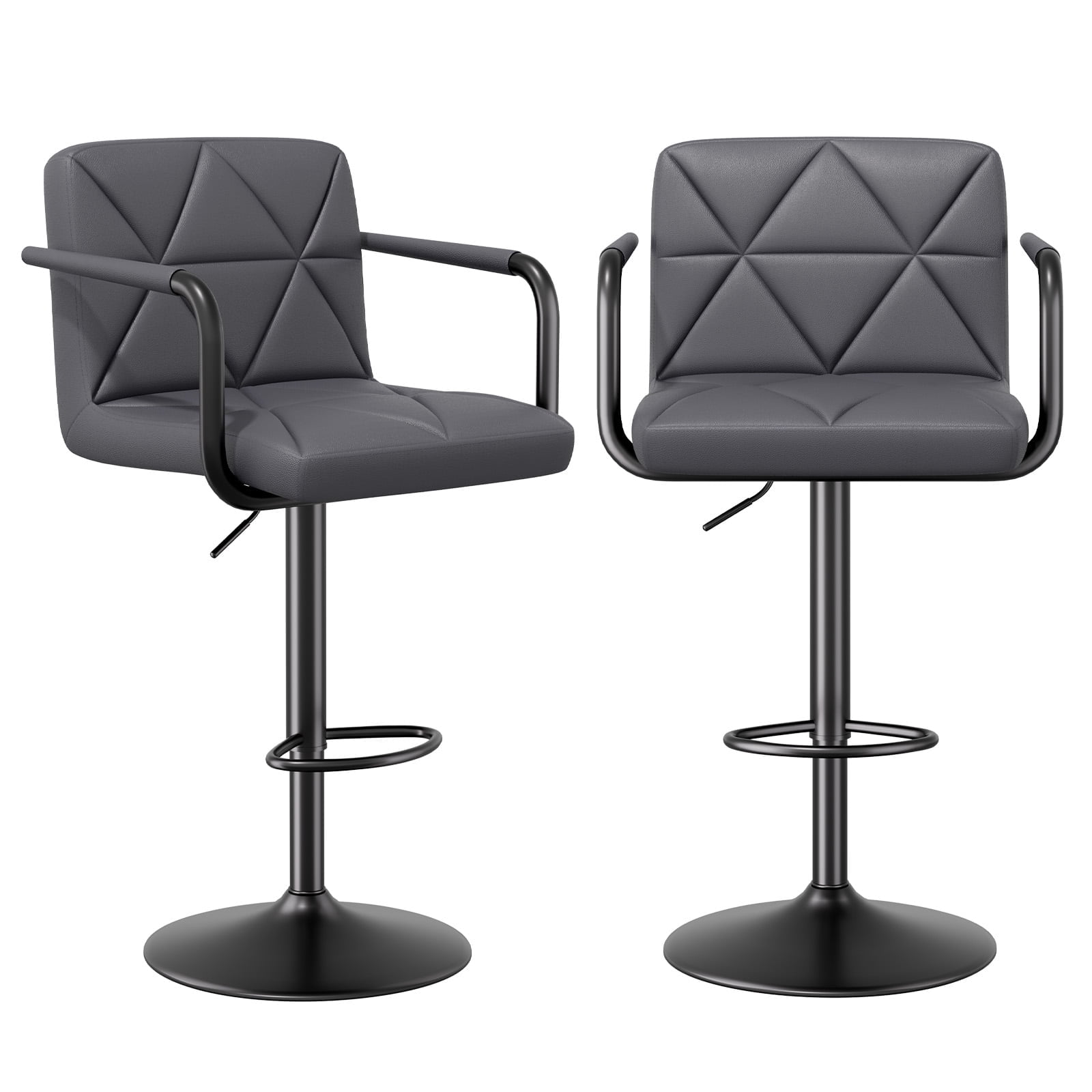 Daluvenix Bar Stools Set of 2， PU Leather Adjustable Swivel Barstools，Hydraulic Counter Height Bar Chairs with Armrest Back for Kitchen Island，Gray
