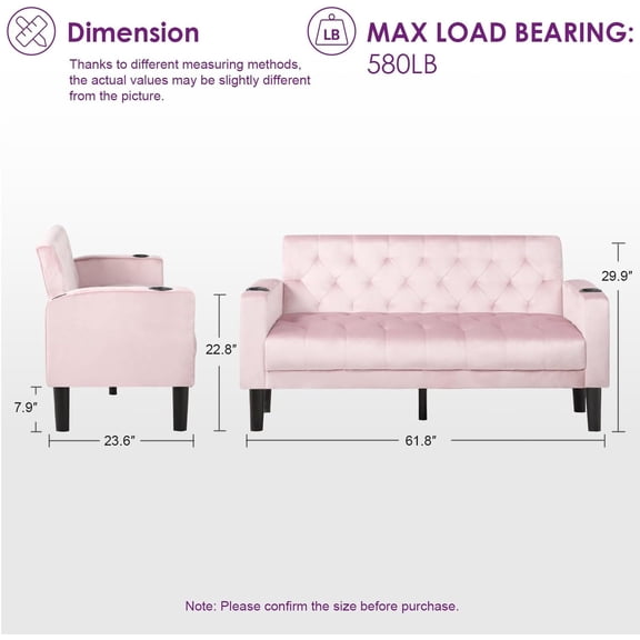 62" W Loveseat Sofa w/ 2 USB Charger Ports and 2 Cupholders, Mid-Century Modern Tufted Pink Velvet Small Love Seat Couches for Compact Living Room, Bedroom, Apartment, Dorm