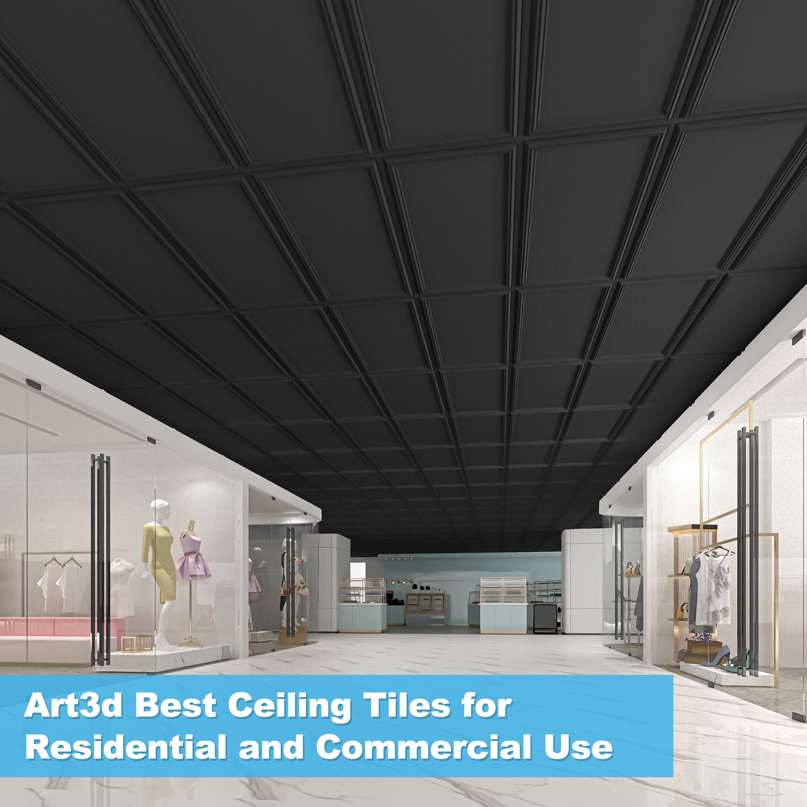 24" x 48" Drop in PVC Ceiling Tiles,12-Pack Black Decorative 3D Ceiling Panels for Home Decor,Waterproof & Easy Installation,96 sq.ft./Case
