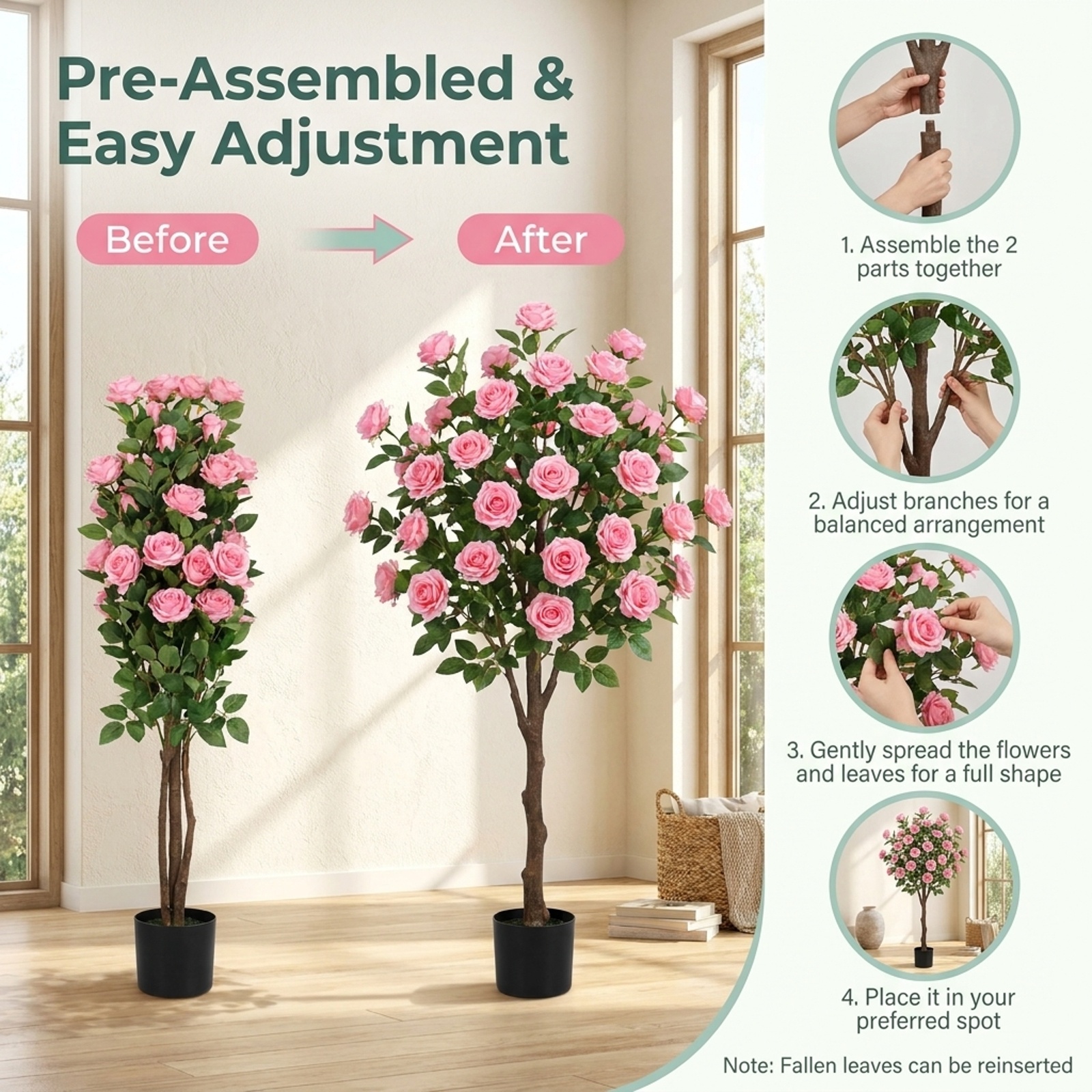 Vebreda Artificial Plant Decor, Artificial Camellia Tree with 27 Blossoms in Cement Pot for Home, Realistic Floral Details, Built to Last