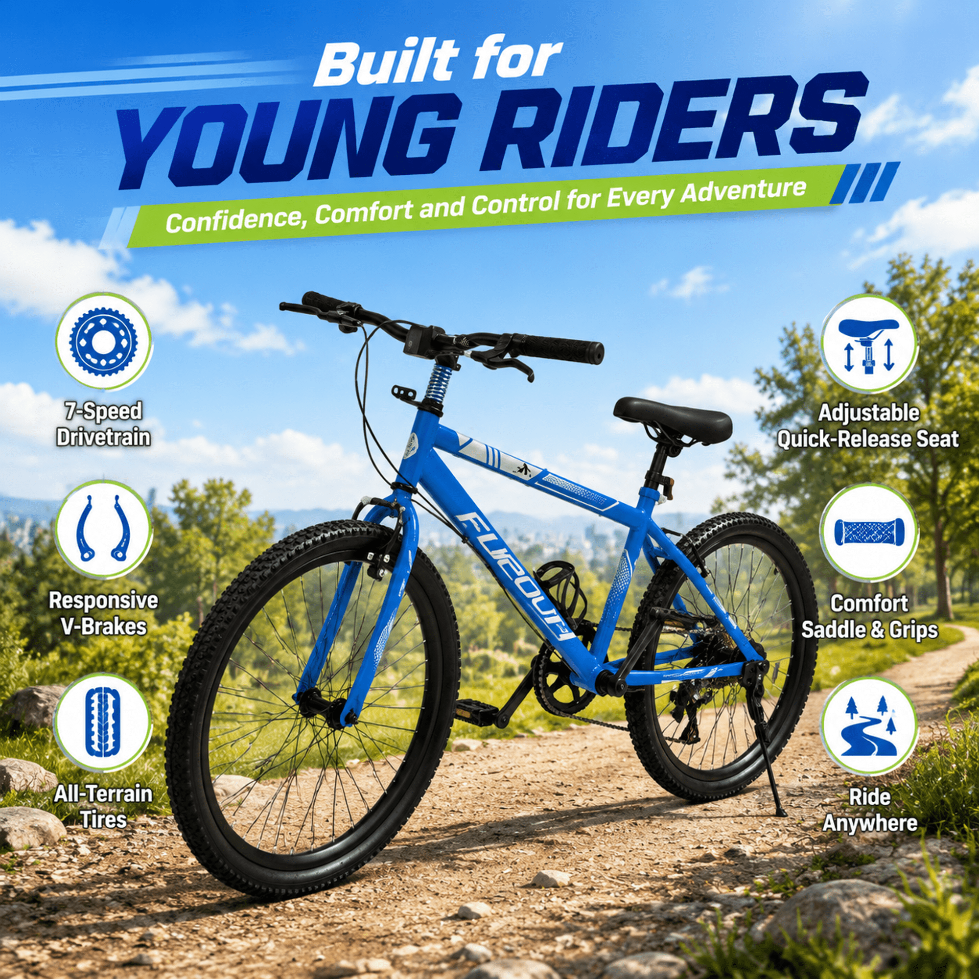 FUPOJH 24" Mountain Bike for Adults,7 Speed,V Brakes,off Road Tires,Adjustable Seat,Blue