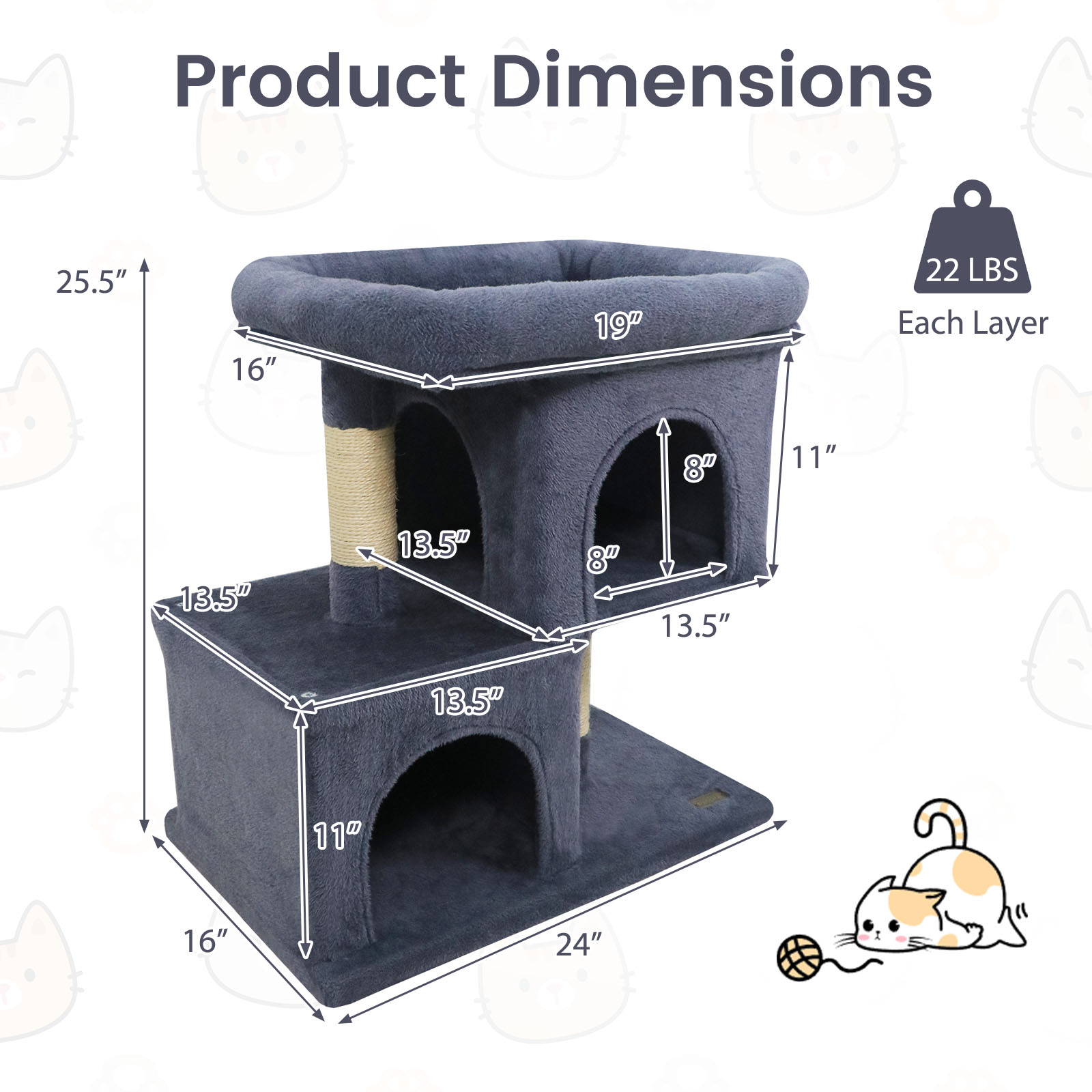 Gymax 25.5'' Cat Tree w/2 Large Condo Padded Top Perch Sisal Scratching Posts for Cats Grey