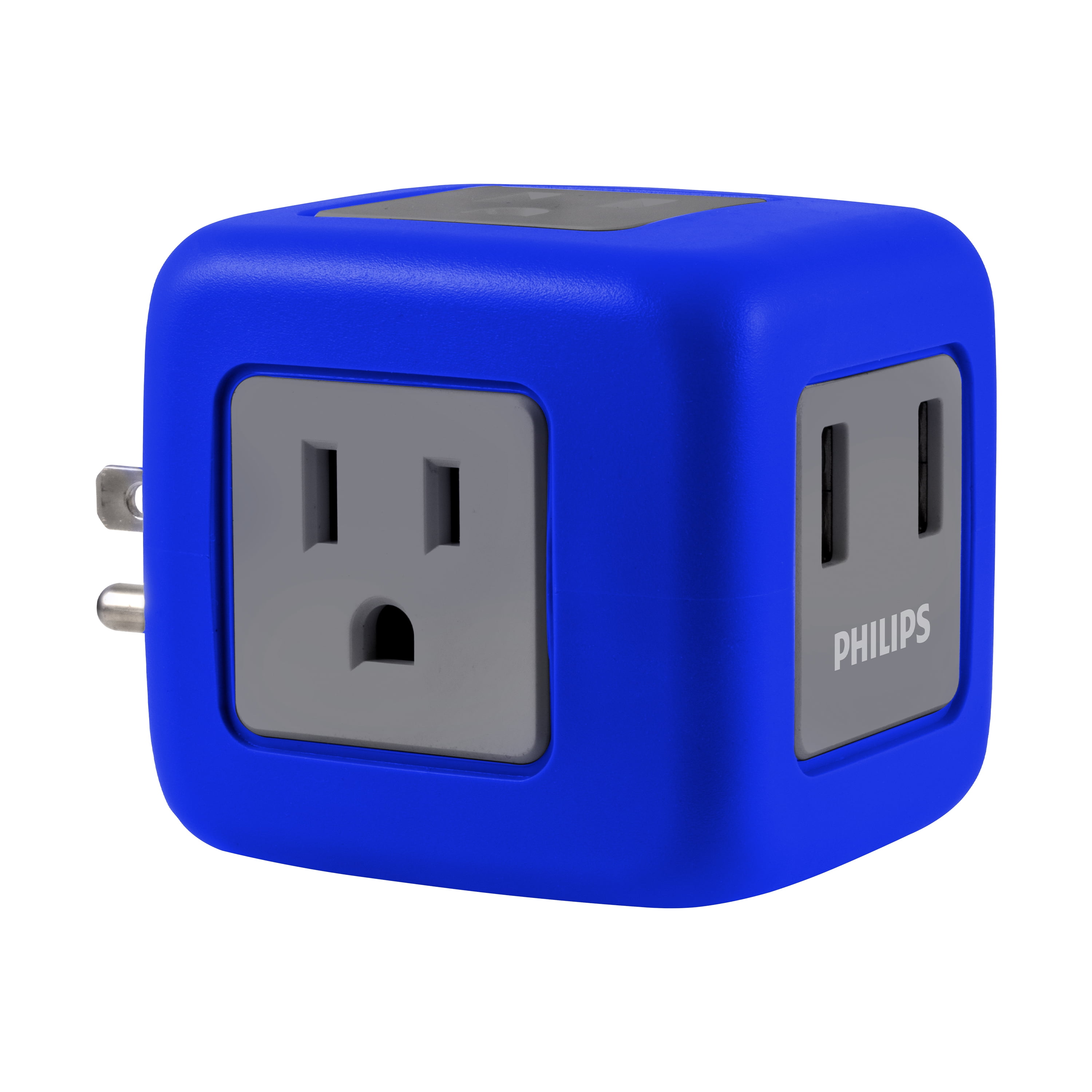 Philips 3Outlet, 2 USB Rubberized Cube Surge Protector, Blue