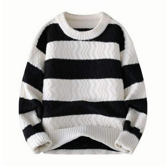 TFEOQRY Men's Crew Neck Striped Sweater Wave Pattern Textured Knit Long Sleeve Casual Pullover Fall Winter Top Black