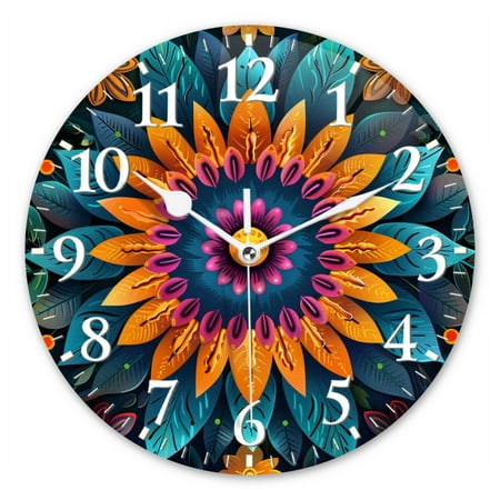 Modern Wall Clock Battery Operated Analog Clock Silent Non-Ticking Round Clock Decorative for Office,Bedroom-Colorful Paper-Cut Style Mandala Made Of Leaves And Flowers(12inch)