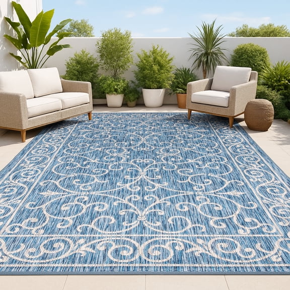 JONATHAN Y SANTA MONICA 3 x 5 Area Rug, Charleston Vintage Filigree Textured Weave - Navy/Gray, SMB106D-3